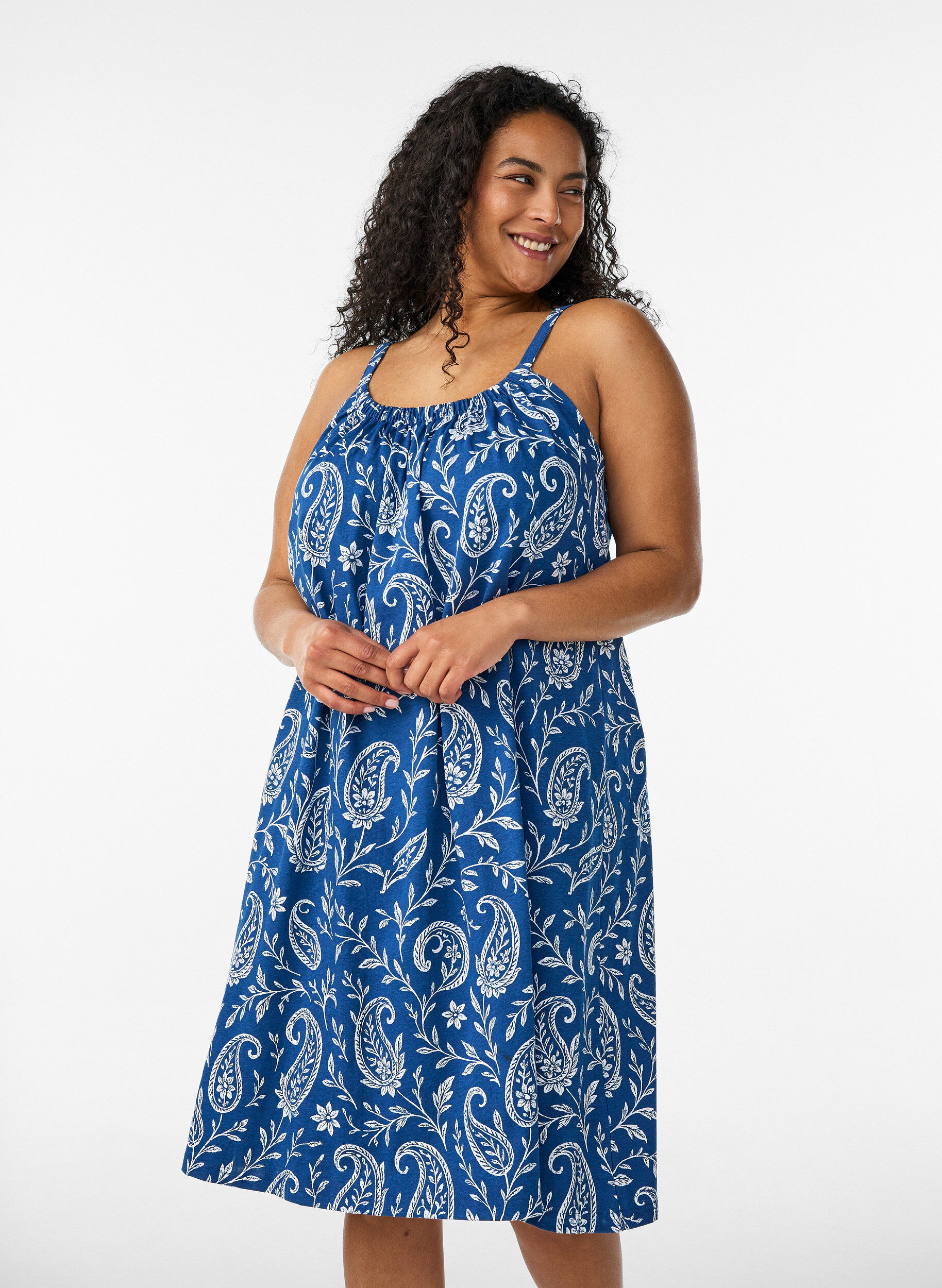 ZizziRobe &agrave; bretelles midi en coton bio, Bleu, Model image number 0