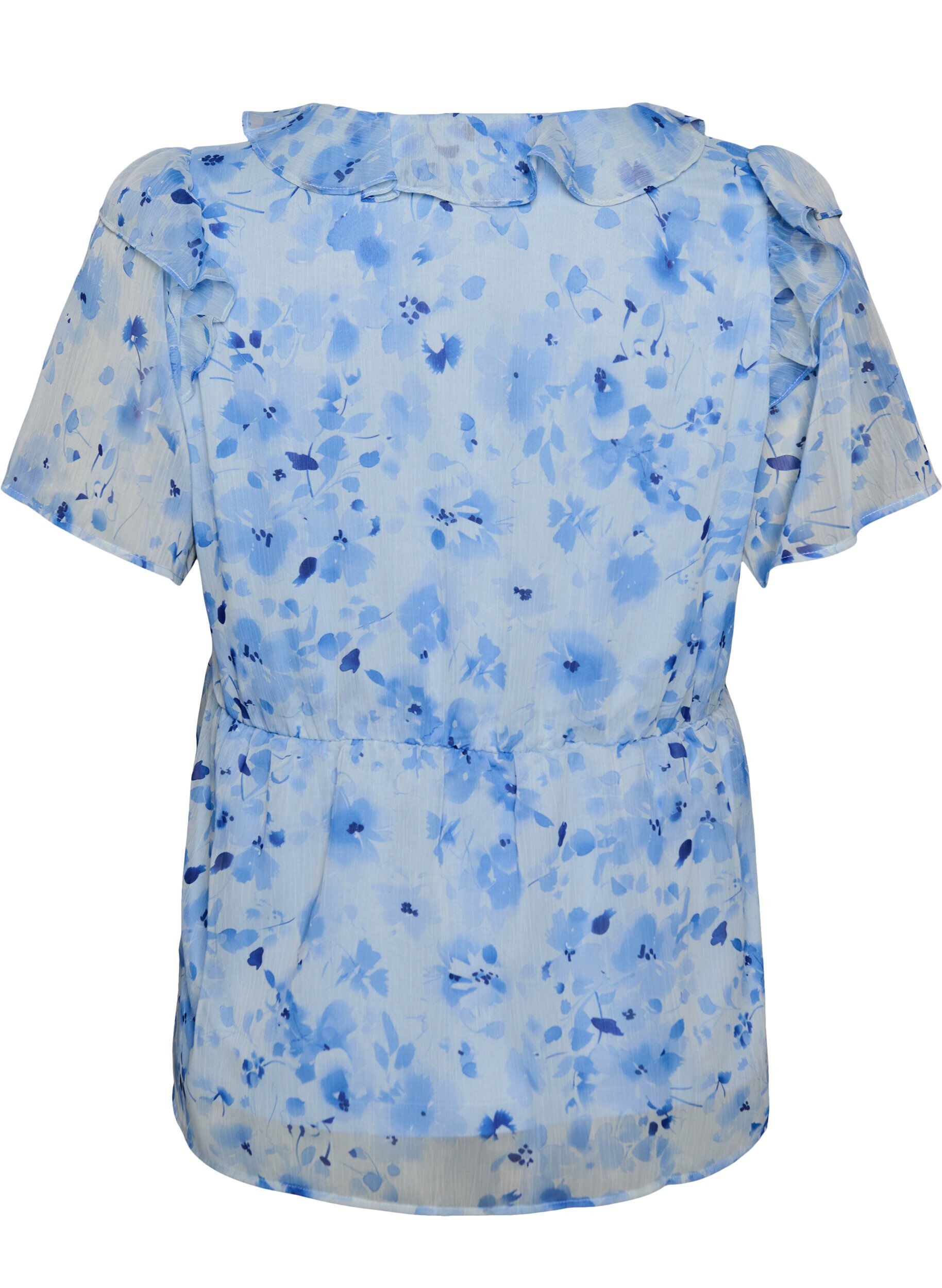 Zizzi Blouse fleurie avec col &agrave; volants et effet peplum, Bleu, Packshot image number 1