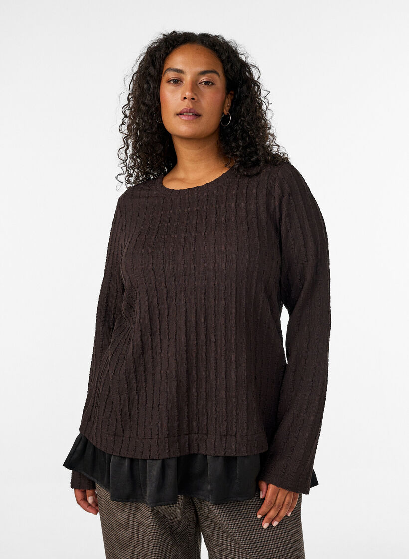 Blouse structur&eacute;e avec ourlet &agrave; volants, Marron, Model image number 0