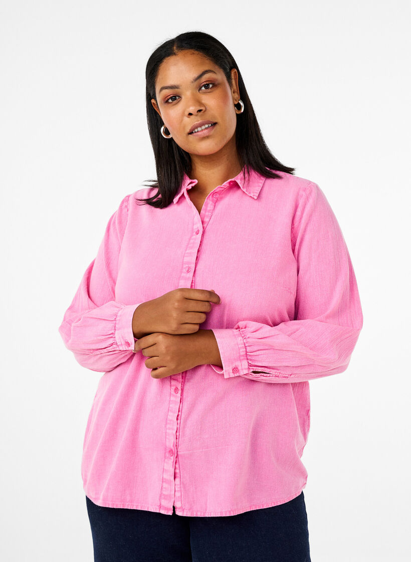 Chemise en jean de couleur unie, Pink Power, Model image number 0
