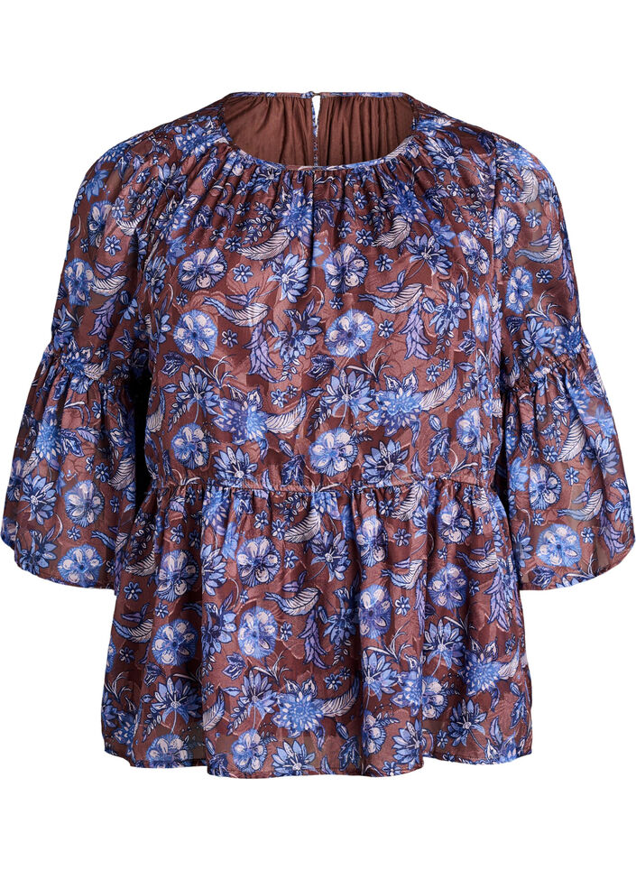 Blouse fleurie avec manches &agrave; volants, Marron, Packshot image number 0