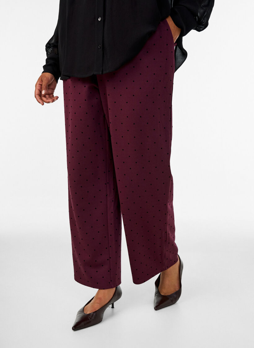 Pantalon &agrave; pois taille haute et coupe droite, Bordeaux, Model image number 2