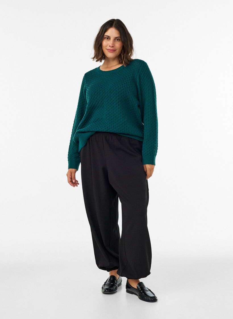Blouse en maille avec motif ajour&eacute; textur&eacute;, Vert fonc&eacute;, Model image number 1