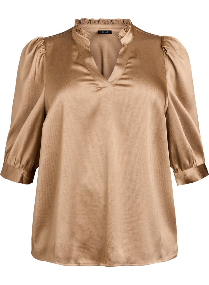 Blouse satin&eacute;e avec manches courtes et col &agrave; volants, Marron, Packshot image number 0