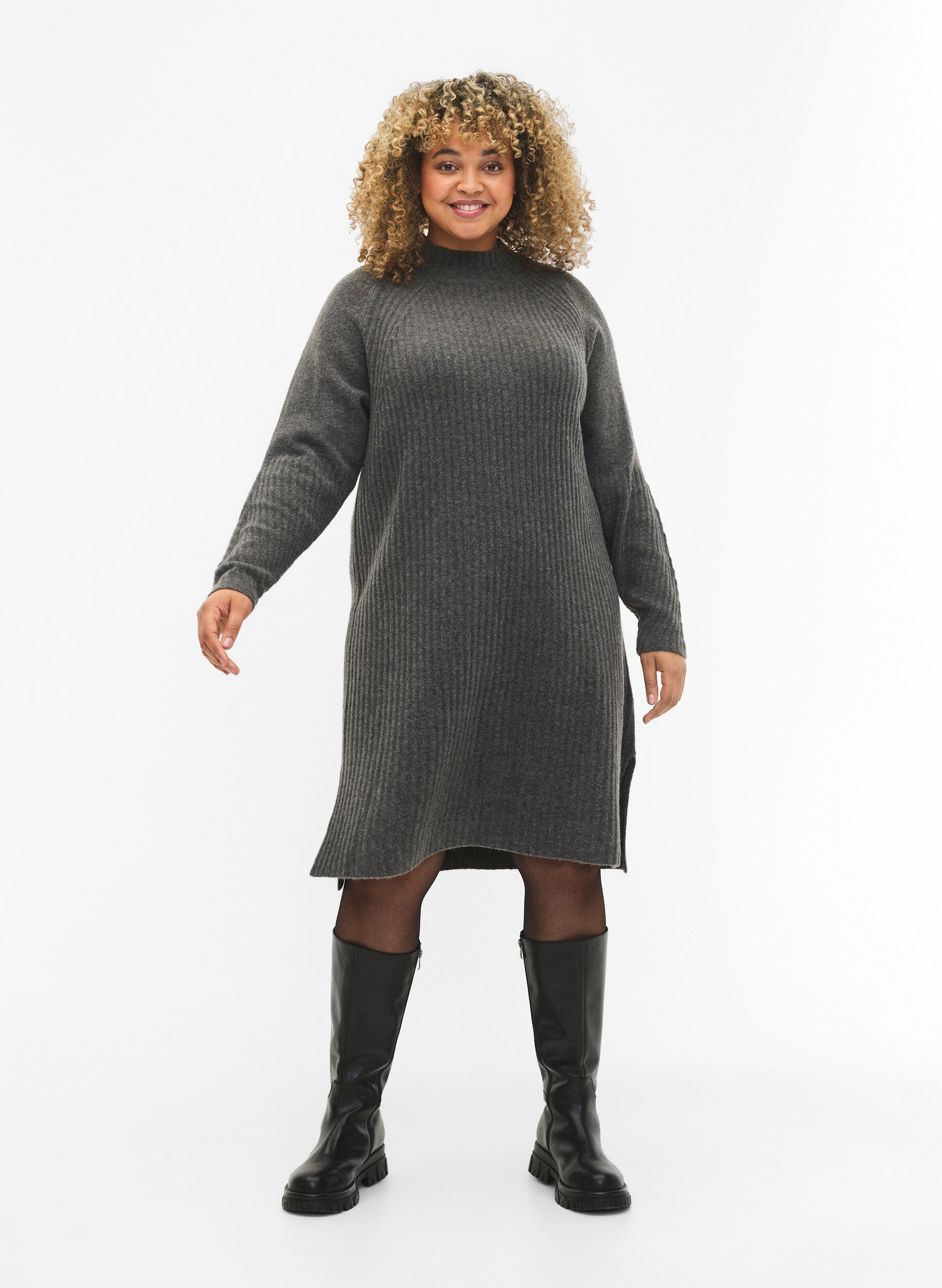 Zizzi Robe en Tricot C&ocirc;tel&eacute; avec Col roul&eacute;, Dark Grey Melange, Model image number 2