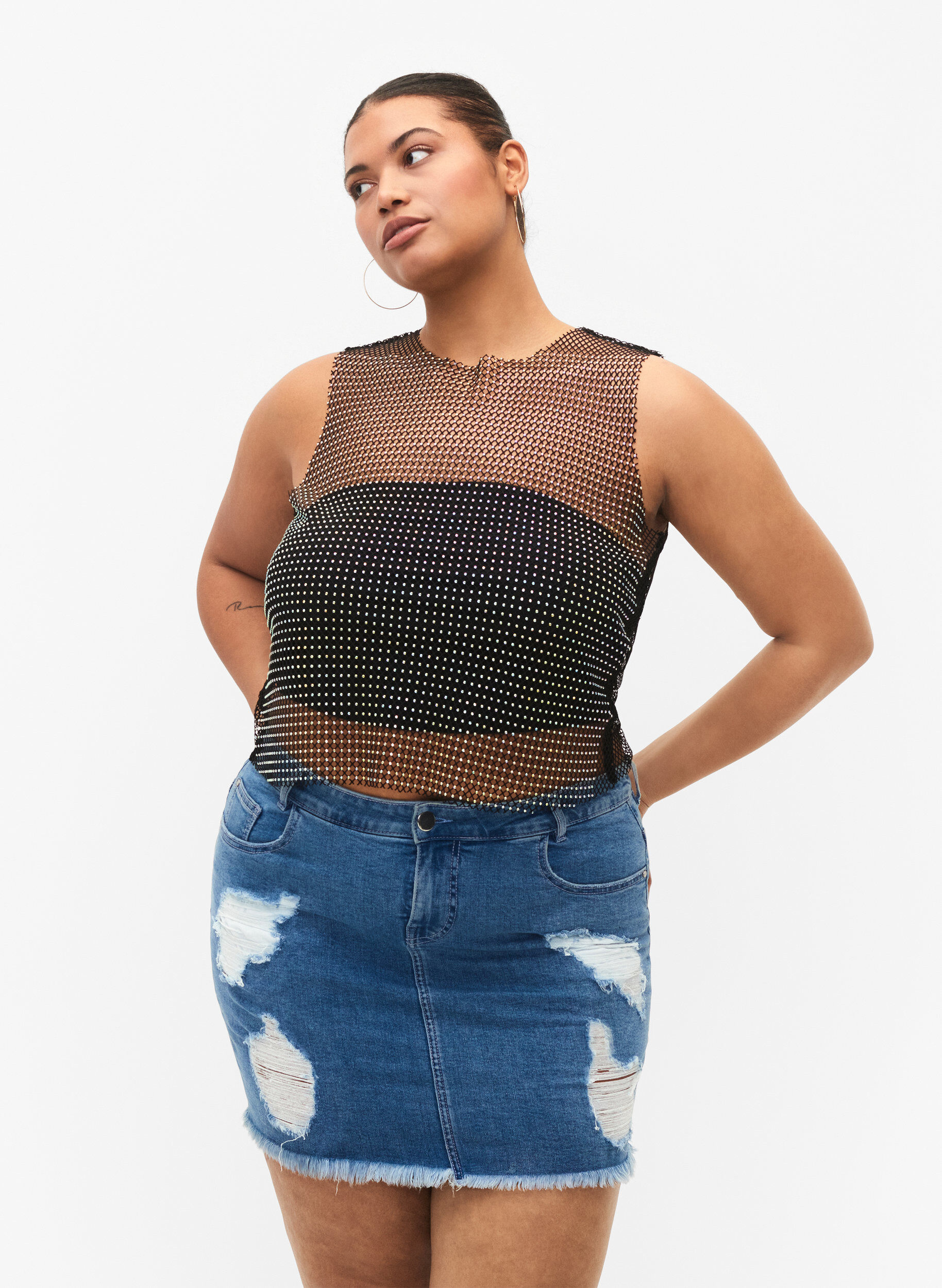 Zizzi Jupe en denim ajust&eacute;e avec fente, Blue denim, Model image number 0