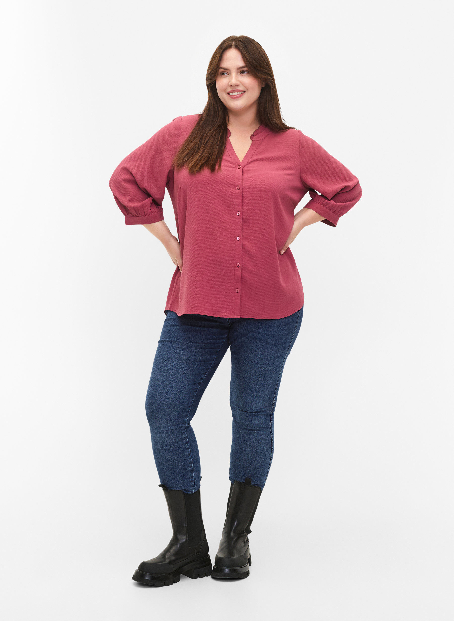 Zizzi Chemisier &agrave; manches 3/4 et col &agrave; volants, Dry Rose, Model image number 2