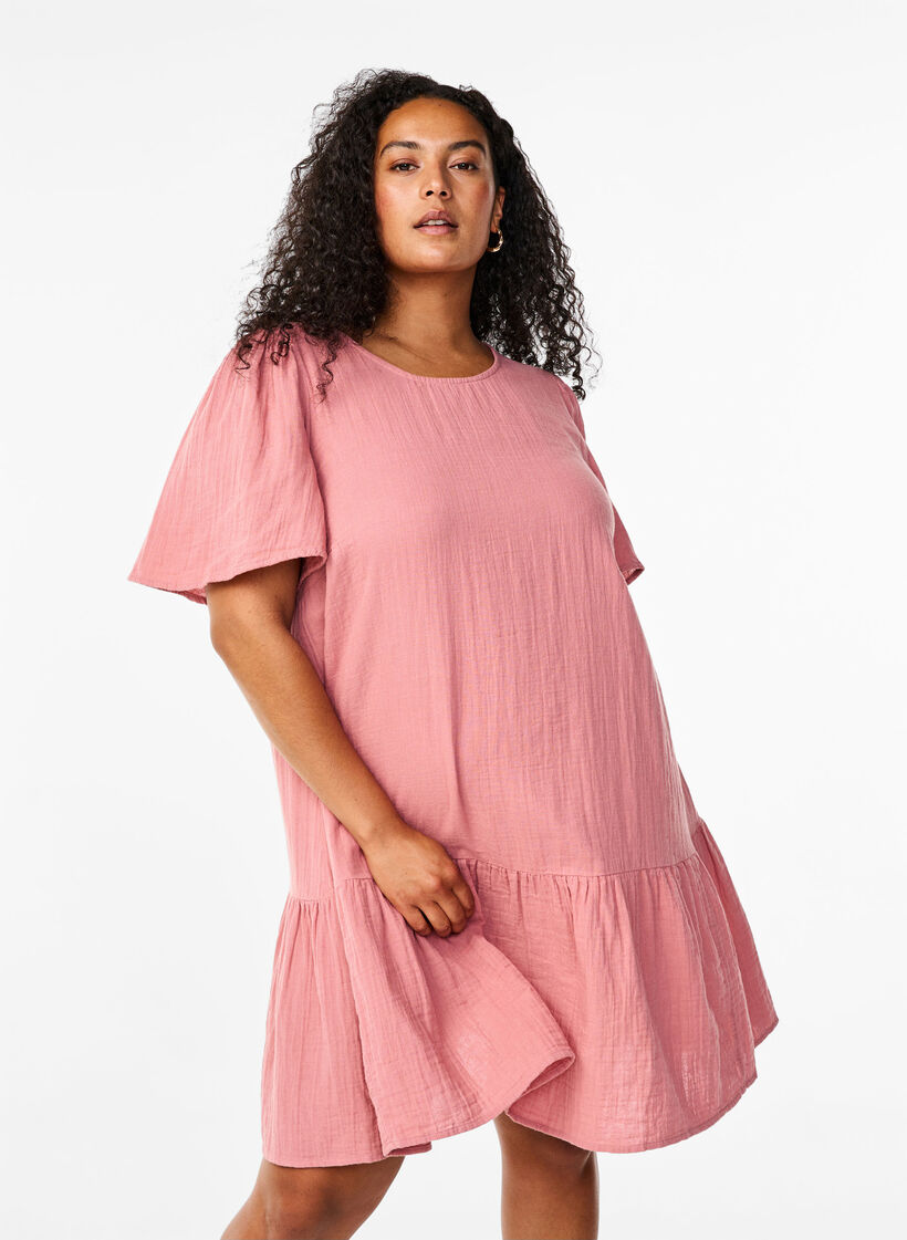 Robe à manches courtes en coton à une coupe évasée., Old Rose, Model image number 0