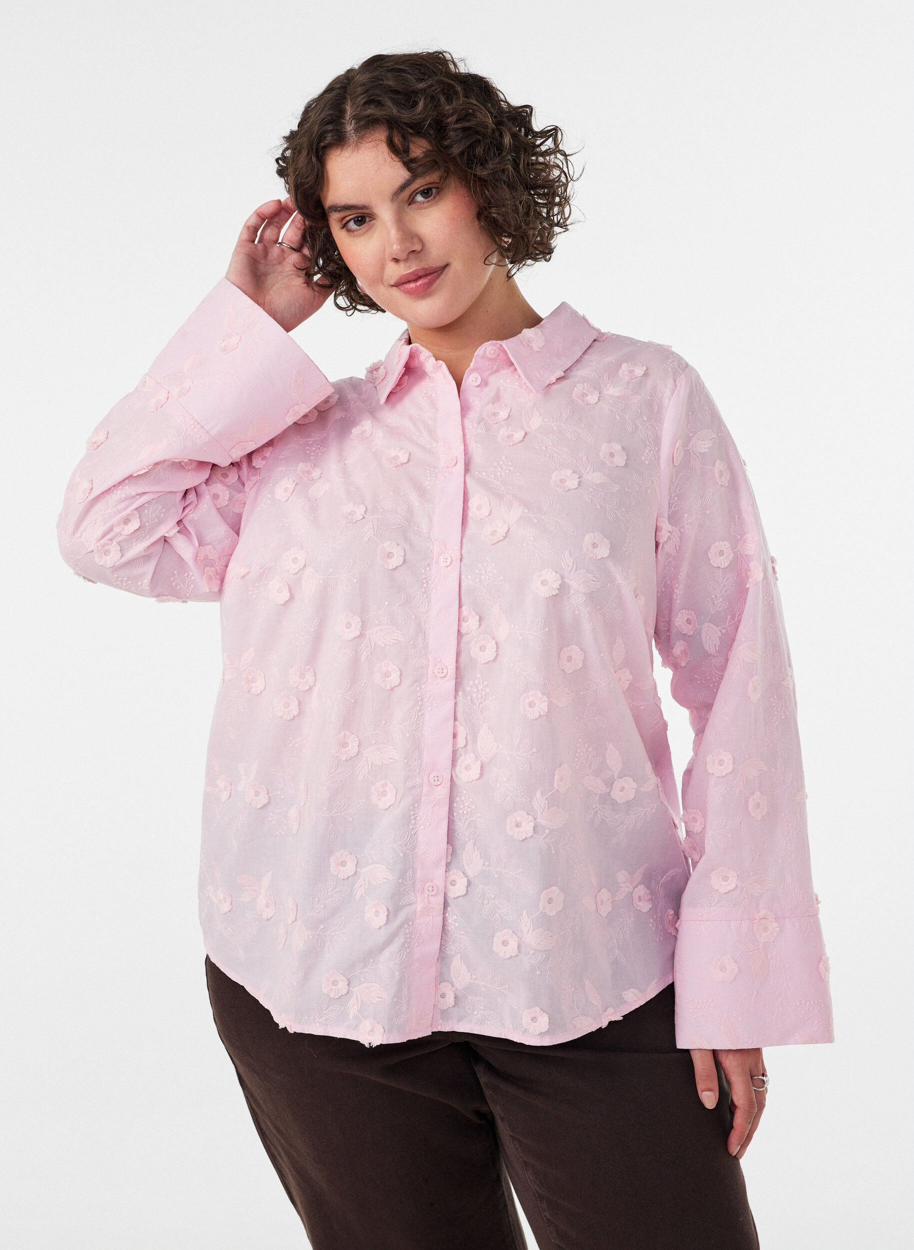 ZizziChemise avec broderies florales et manches larges, Rose, Model image number 0