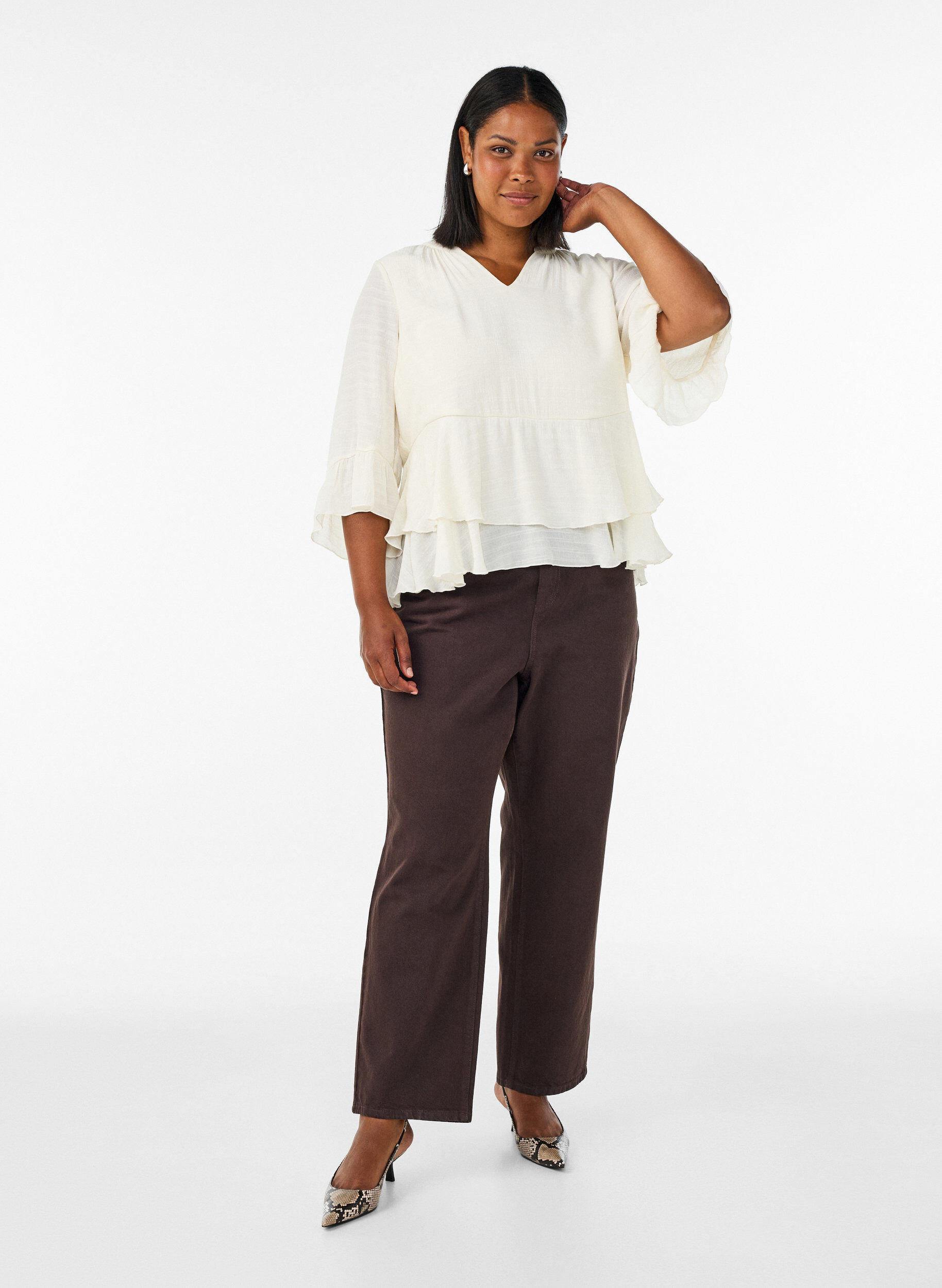 ZizziBlouse &agrave; manches 3/4 et volants, Vanille, Model image number 1