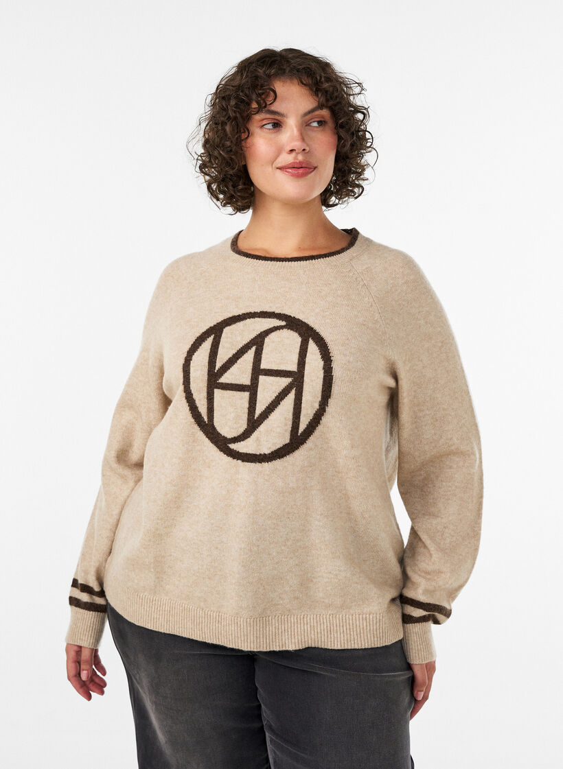 Pull avec logo et rayures contrastantes, Beige, Model image number 0