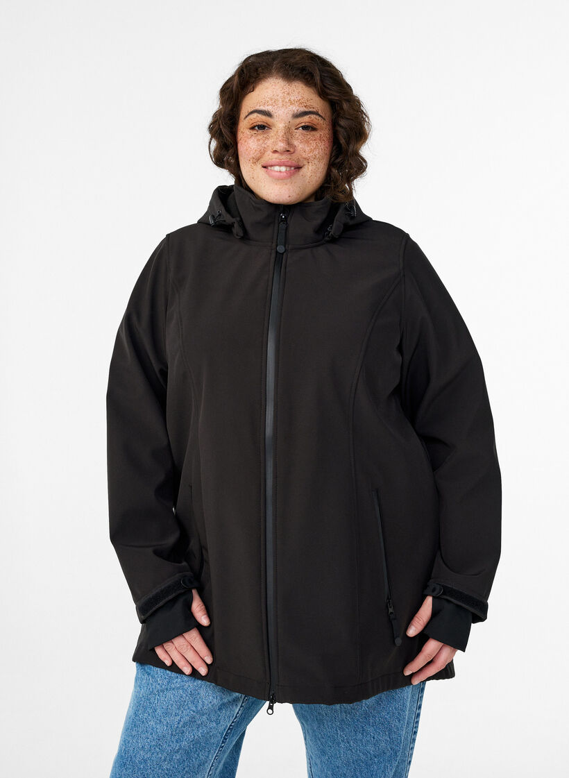 Veste courte softshell avec capuche amovible, Noir, Model image number 0