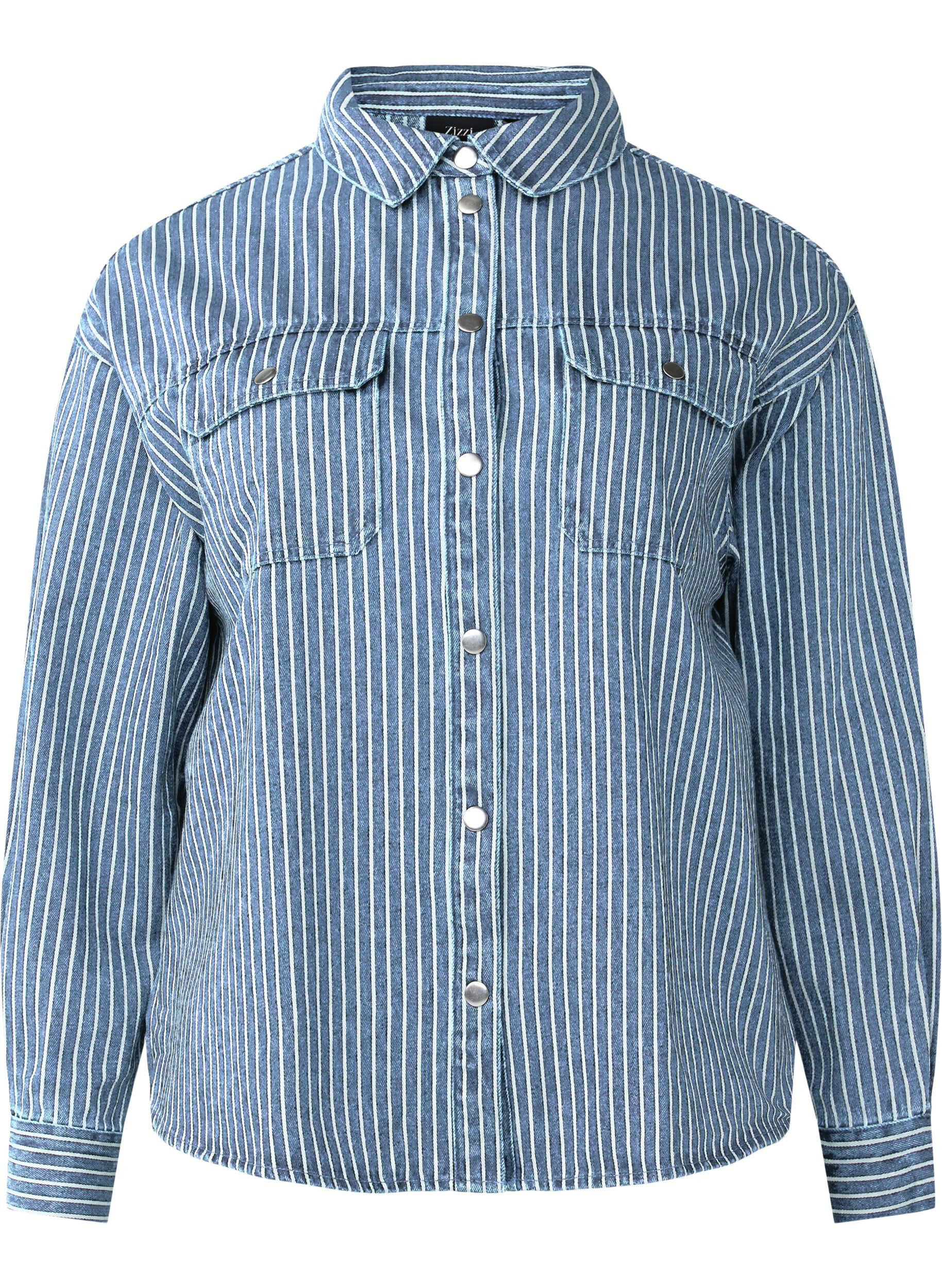 Zizzi Chemise en jean ray&eacute;e avec poches de poitrine, Light B.Denim Stripe, Packshot image number 0
