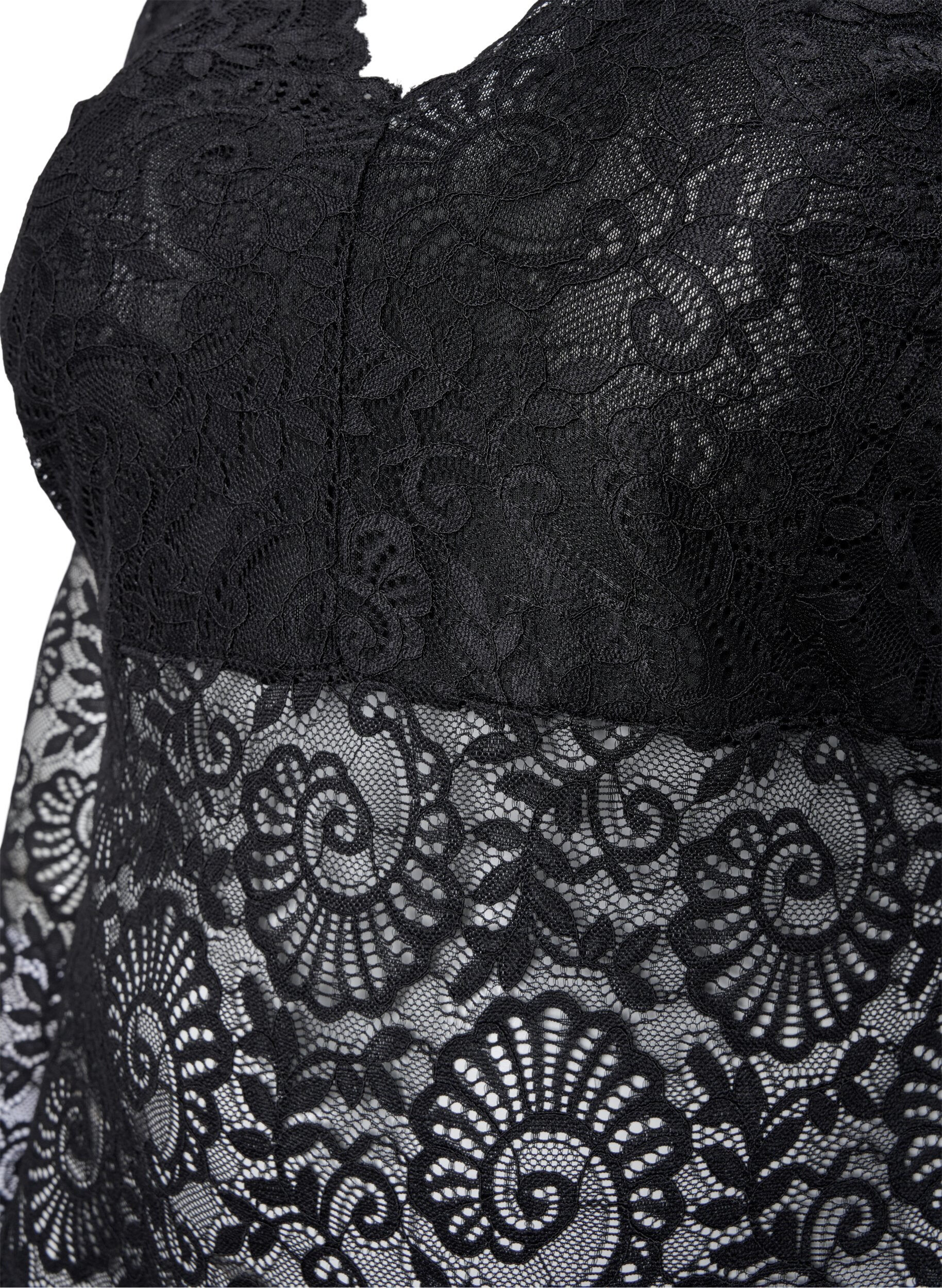 Zizzi Bodystocking &agrave; manches longues en dentelle avec col en V, Black, Packshot image number 3
