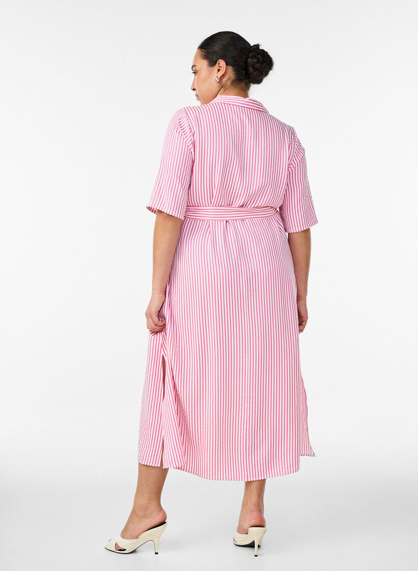 Robe-chemise longue jusqu&rsquo;aux chevilles avec ceinture &agrave; nouer et rayures, Rose, Model image number 1