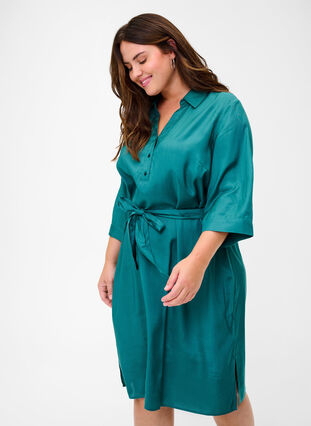 Tie waist shirt dress in viscose, Pacific, Model image number 0