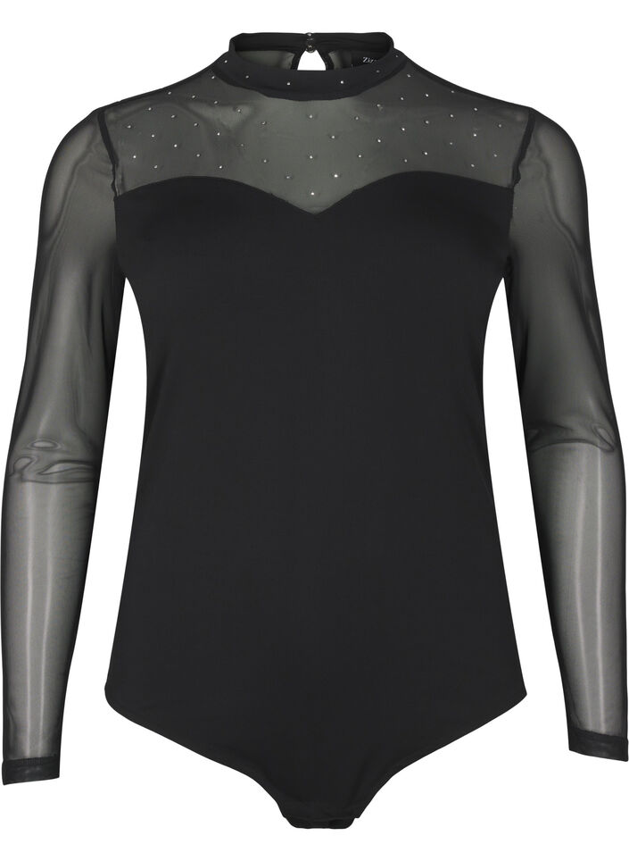 Collant de corps avec des clous et des manches longues en maille, Black, Packshot image number 0