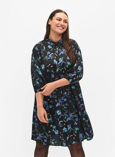 Robe chemise avec manches 3/4 et imprimé floral, Blue Flower AOP, Model image number 0