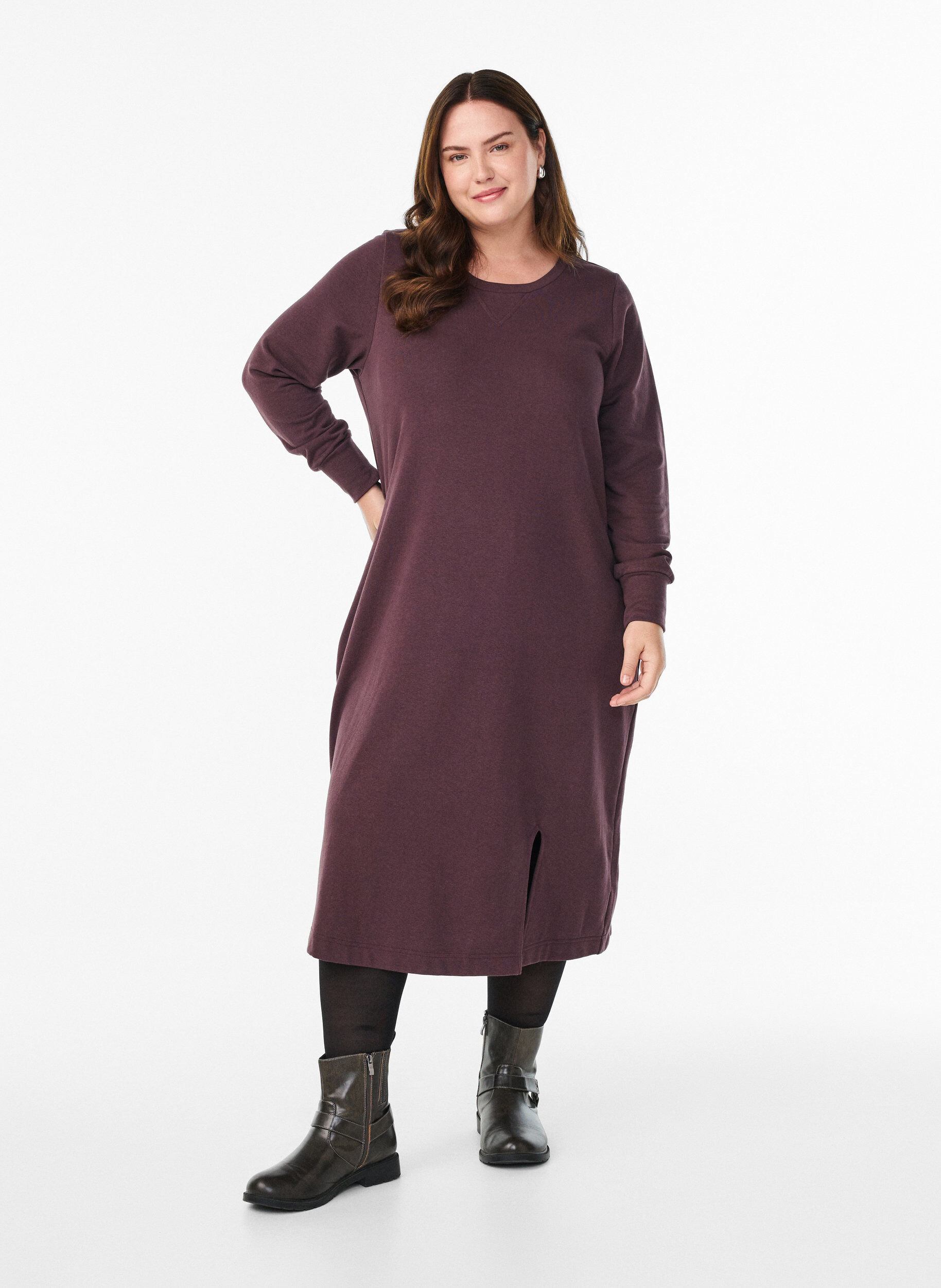Robe sweat en coton avec des poches, Bordeaux fonc&eacute;, Model