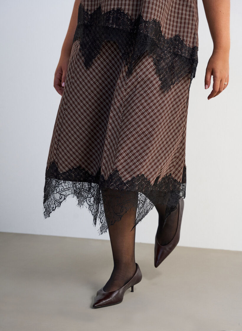 Jupe midi &agrave; carreaux avec bordure en dentelle, Marron, Model
