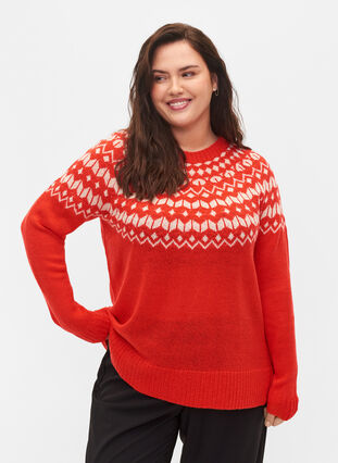 Pull en maille avec motif jacquard, Fiery Red Comb, Model image number 0