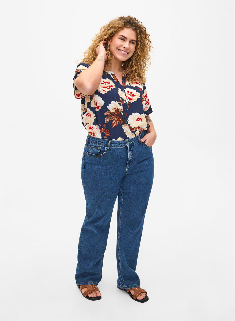 Blouse &agrave; manches courtes et encolure en V , Bleu, Model image number 1