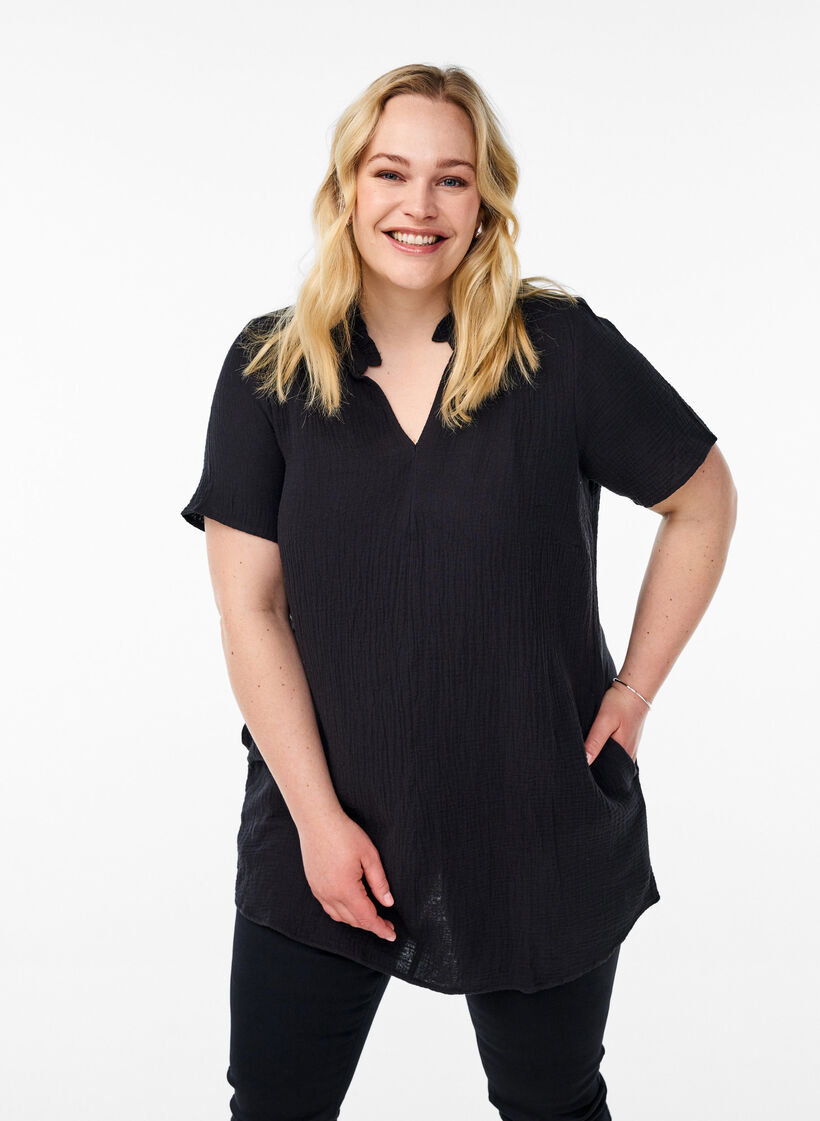 Tunique en mousseline de coton à manches courtes, Noir, Model image number 0