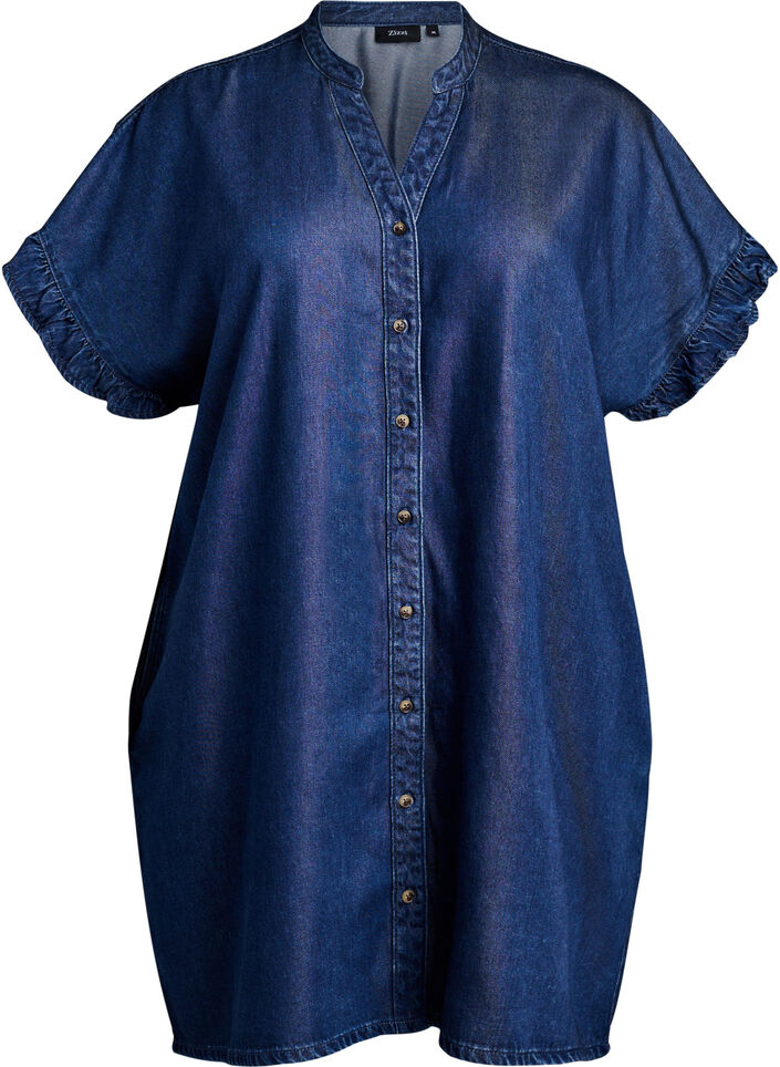 Robe aspect denim avec fermeture boutonn&eacute;e et manches &agrave; volants, Bleu, Packshot image number 0