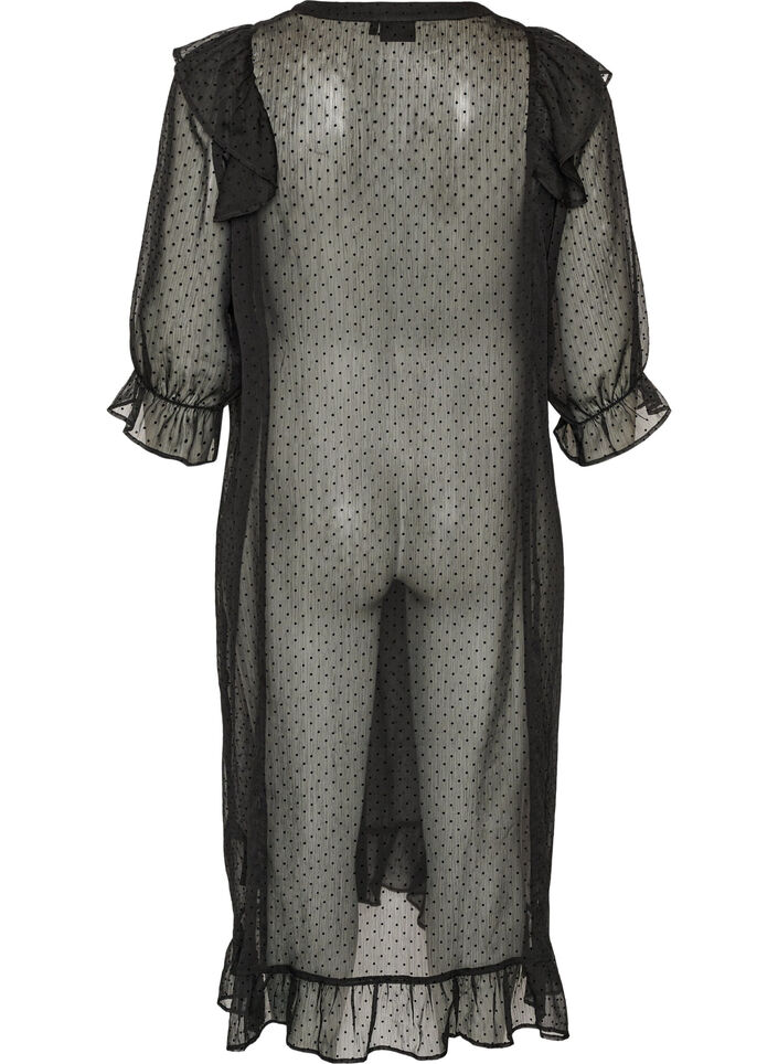 Robe midi en tissu l&eacute;ger et vaporeux &agrave; pois, avec des volants, Noir, Packshot image number 1