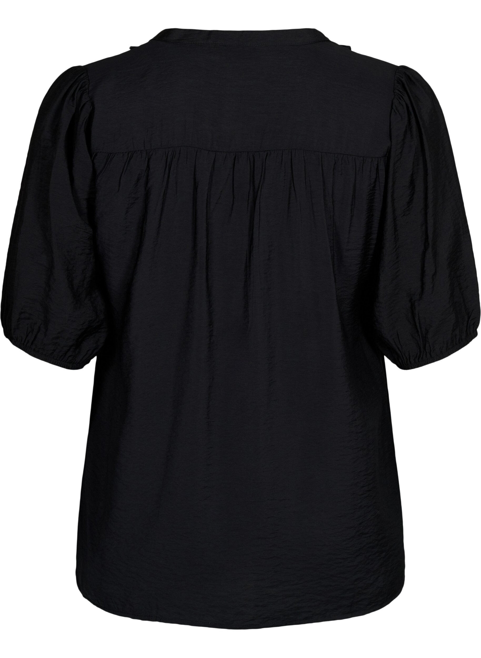 Zizzi Blouse en viscose &agrave; manches bouffantes et volants, Black, Packshot image number 1