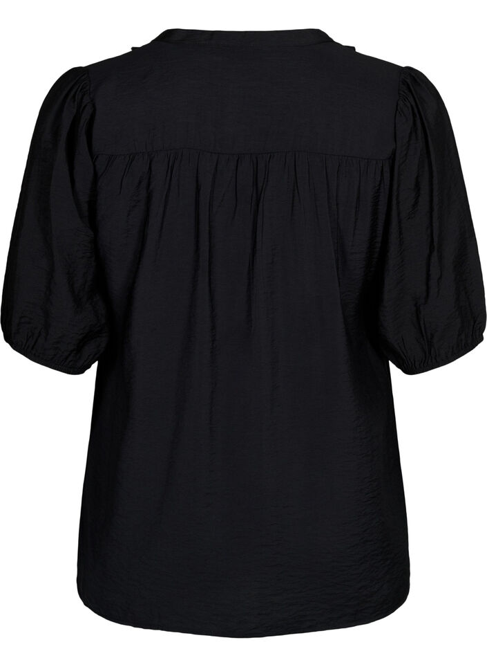 Blouse en viscose à manches bouffantes et volants, Black, Packshot image number 1