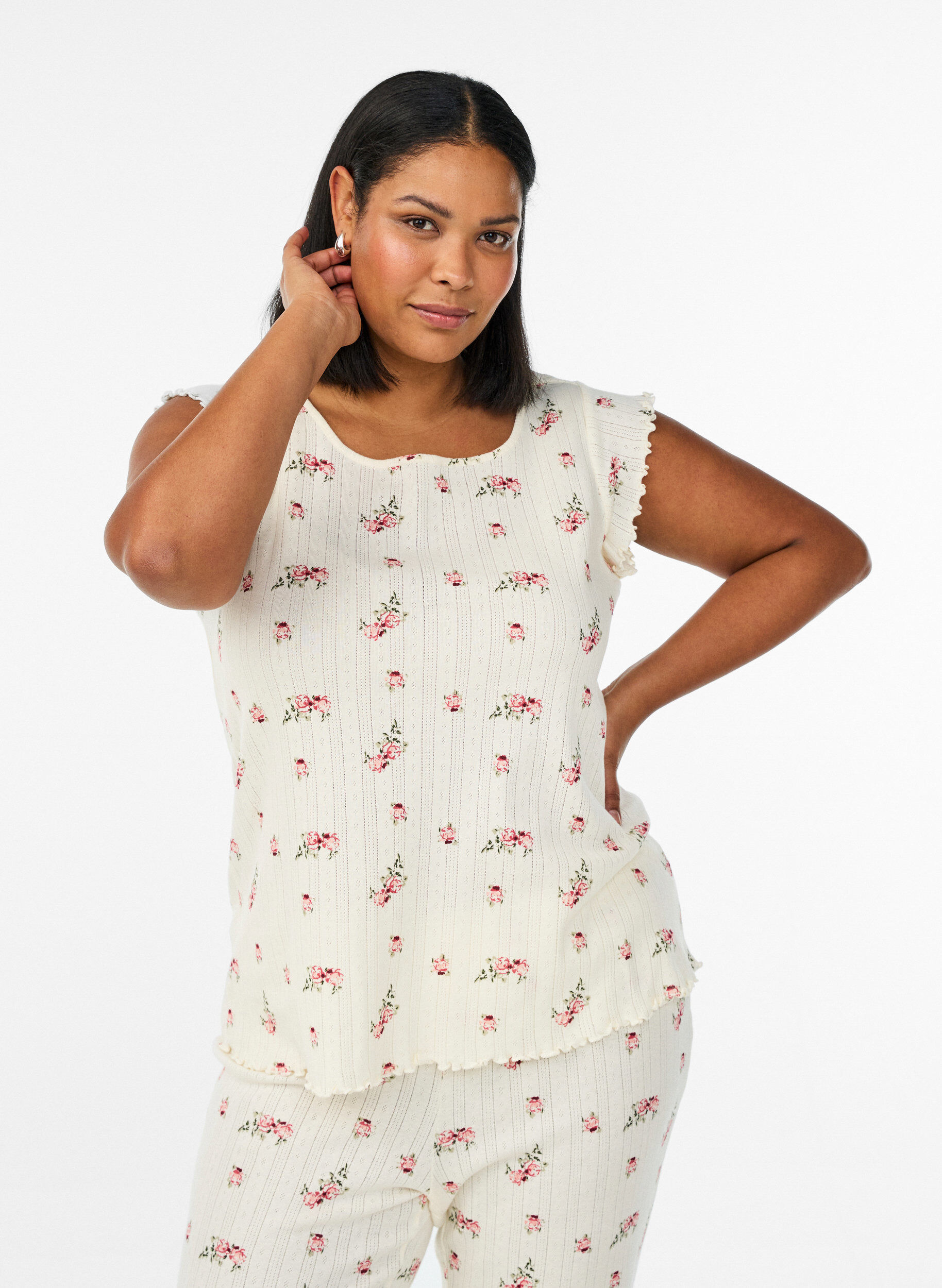 Zizzi Haut de pyjama en coton bio avec mancherons, 9990, Model image number 0