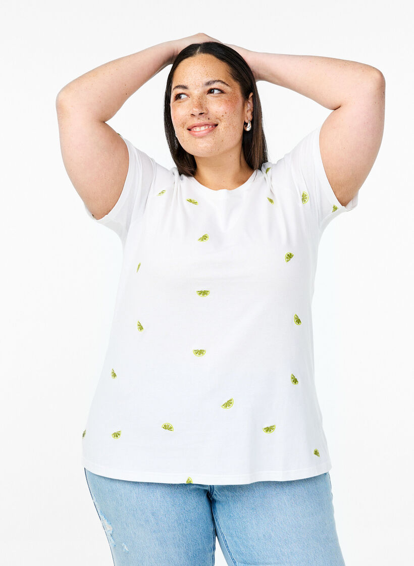 T-shirt en coton biologique avec motifs brodés, Blanc, Model image number 0