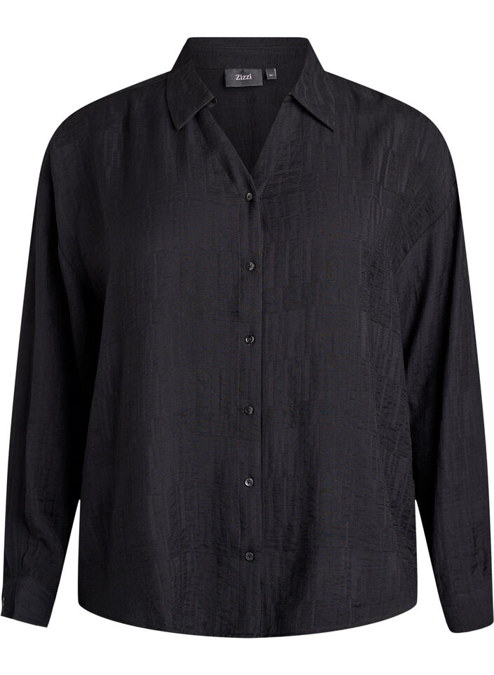 Chemise ample avec texture et col en V, Noir, Packshot image number 0