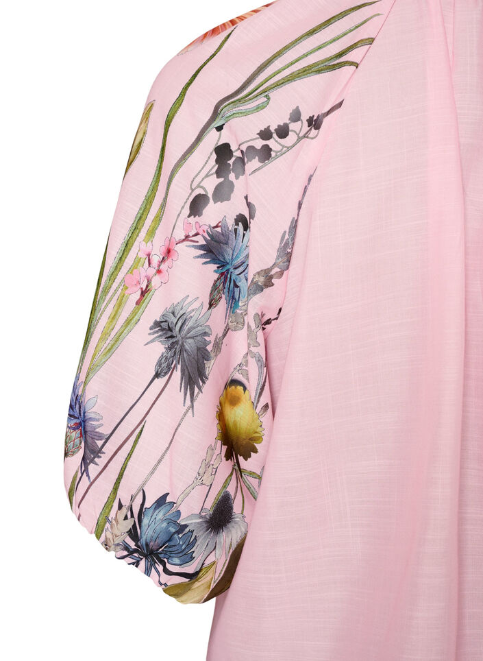 Blouse avec lien &agrave; nouer et manches &agrave; imprim&eacute; fleuri, Rose, Packshot image number 3