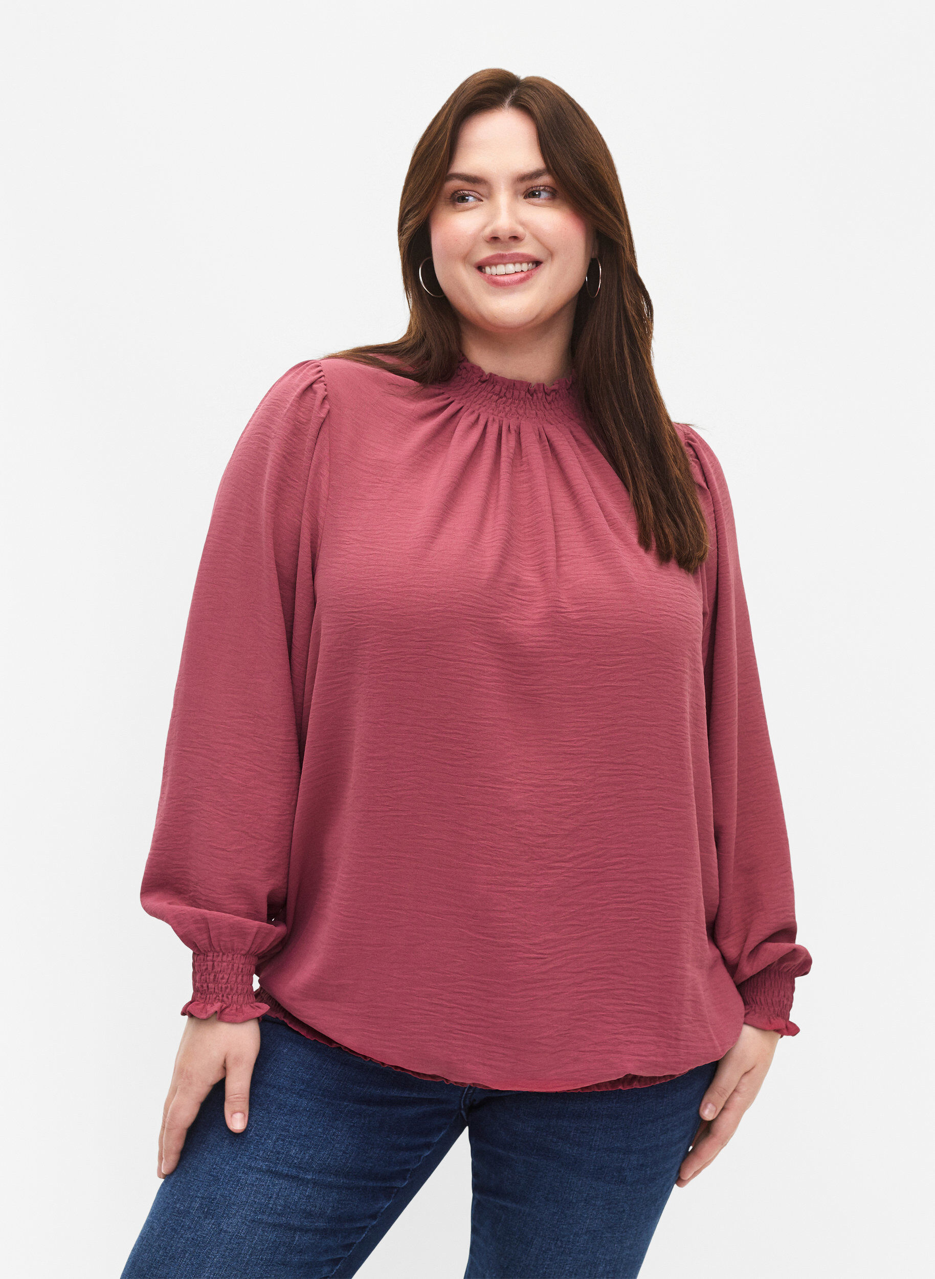 Zizzi Chemisier blouse de couleur unie &agrave; manches longues, Dry Rose, Model image number 0