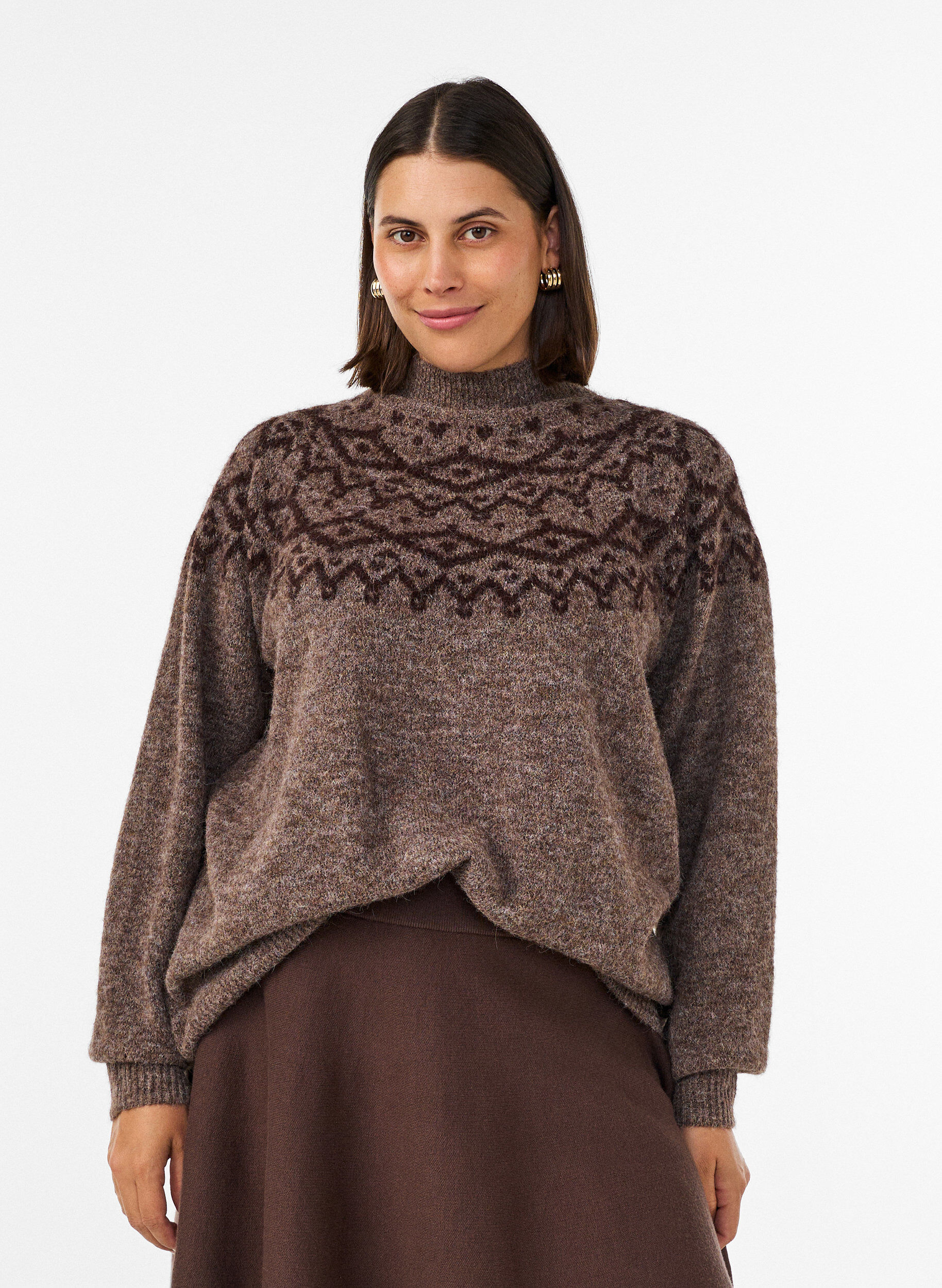 Pull &agrave; motifs nordiques, Marron, Model