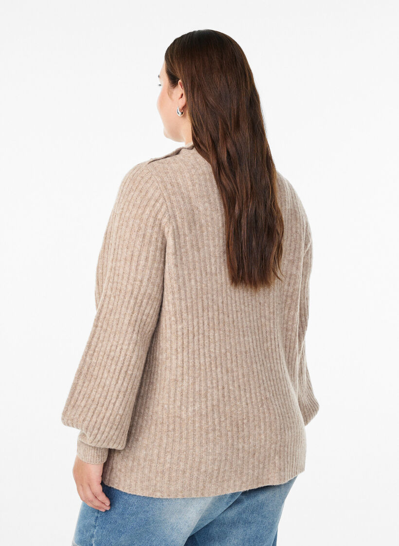 Pull c&ocirc;tel&eacute; &agrave; manches bouffantes et boutons, Beige, Model image number 2