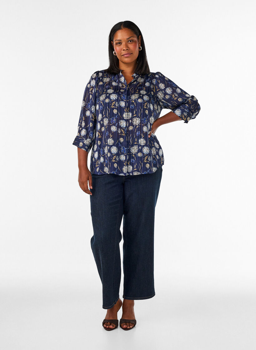 Chemise &agrave; motifs avec col montant et manches 3/4, Bleu, Model image number 1