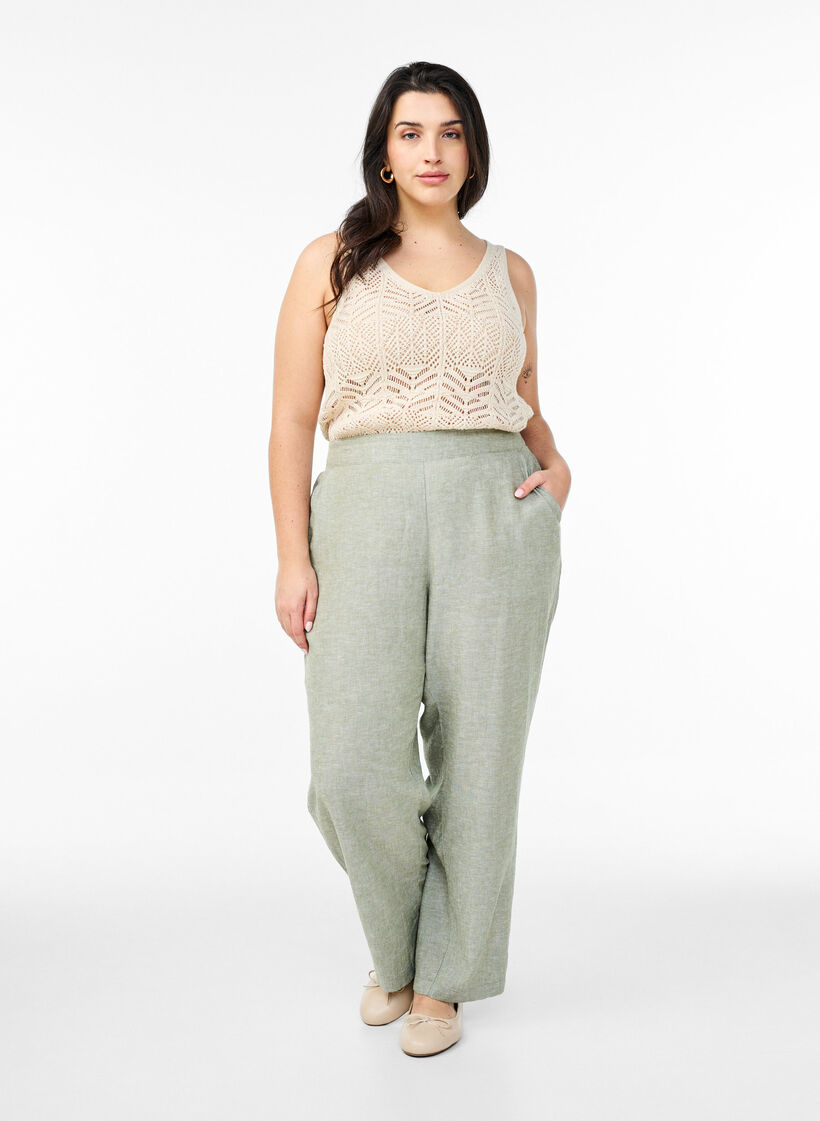 Pantalon ample en lin et viscose, Vert, Model image number 1