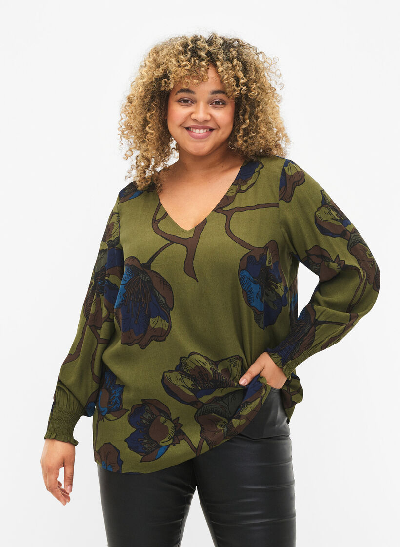 Blouse à manches longues en viscose avec imprimé floral	, Green Big Flower, Model image number 0