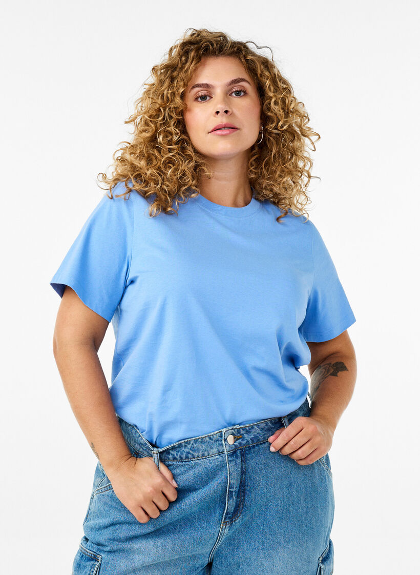 T-shirt basique en coton &agrave; col rond, Bleu Clair, Model image number 0