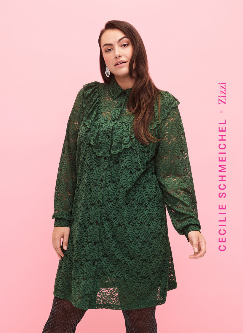 Robe chemise en dentelle avec froufrous, Hunter Green, Model image number 0