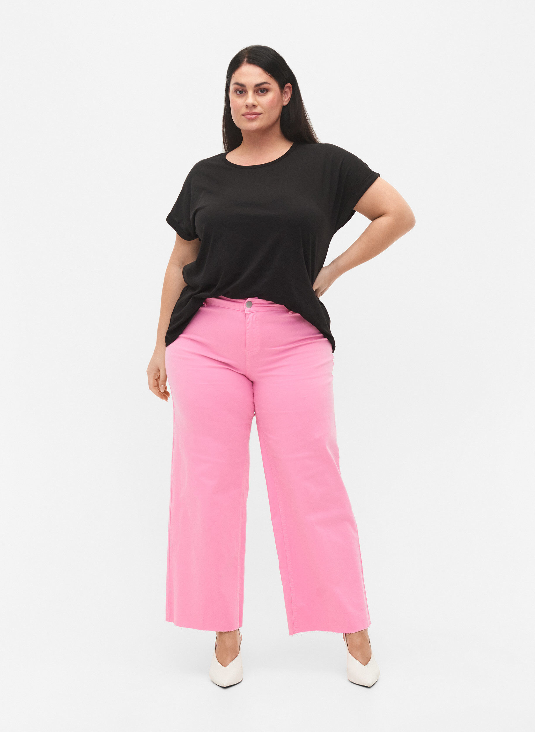 Zizzi Jeans &eacute;vas&eacute;s &agrave; taille haute, Rose, Model image number 0