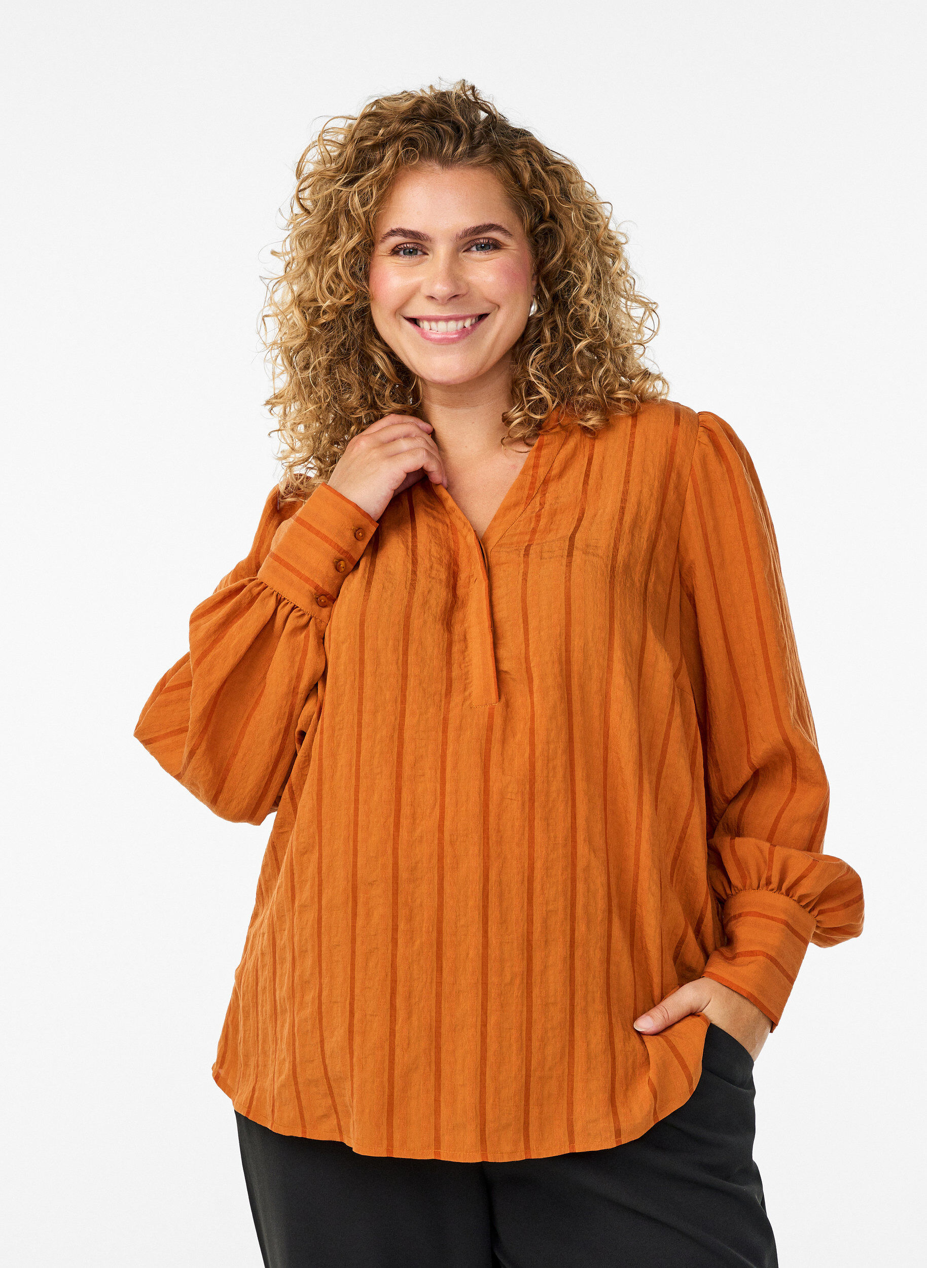 Blouse &agrave; rayures verticales, Orange, Model