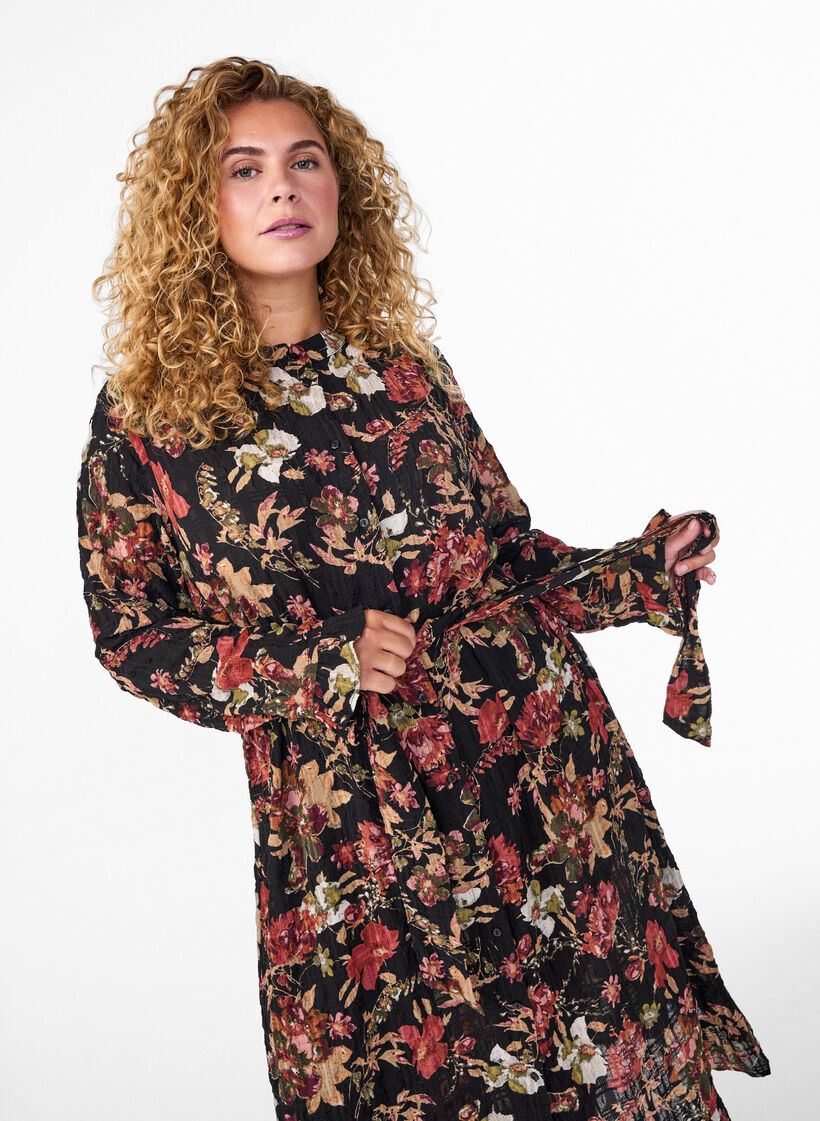 Robe midi à imprimé floral avec ceinture amovible à nouer, Charbon, Model image number 2