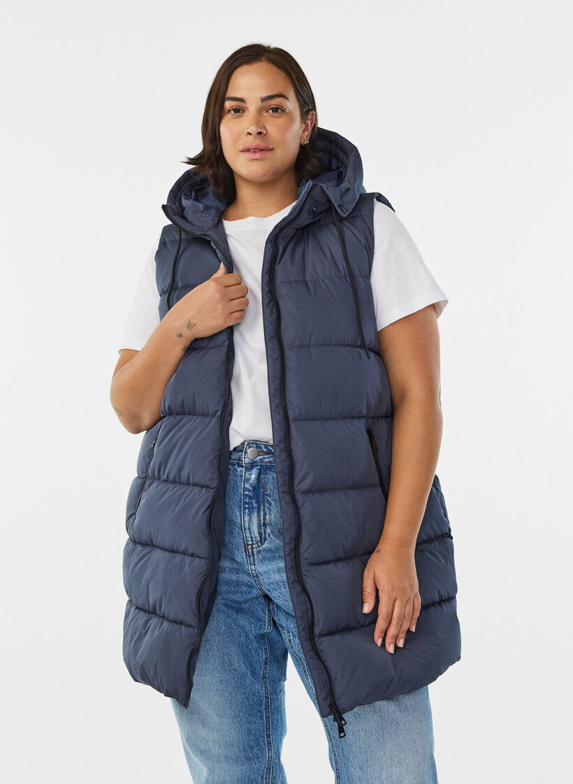 Veste longue avec capuche et poches, Bleu, Model image number 0