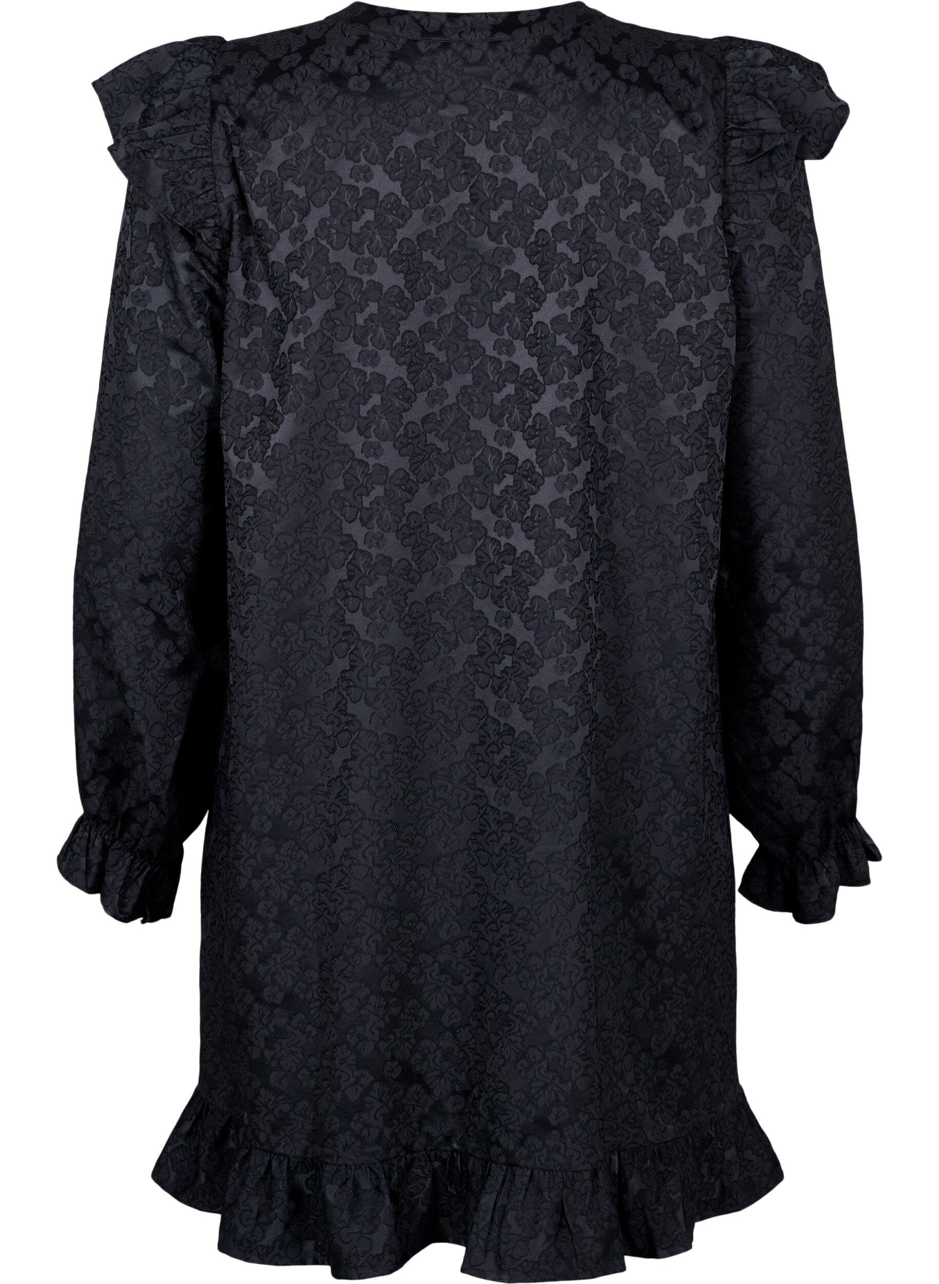 Zizzi Robe en jacquard avec des manches longues et des d&eacute;tails &agrave; volants, Noir, Packshot image number 1