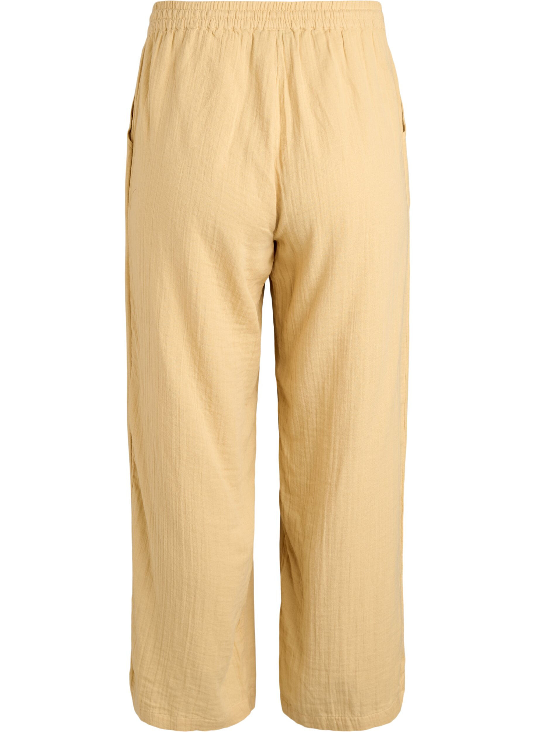 Zizzi Pantalon taille haute en mousseline de coton &agrave; coupe ample, Jaune clair, Packshot image number 1