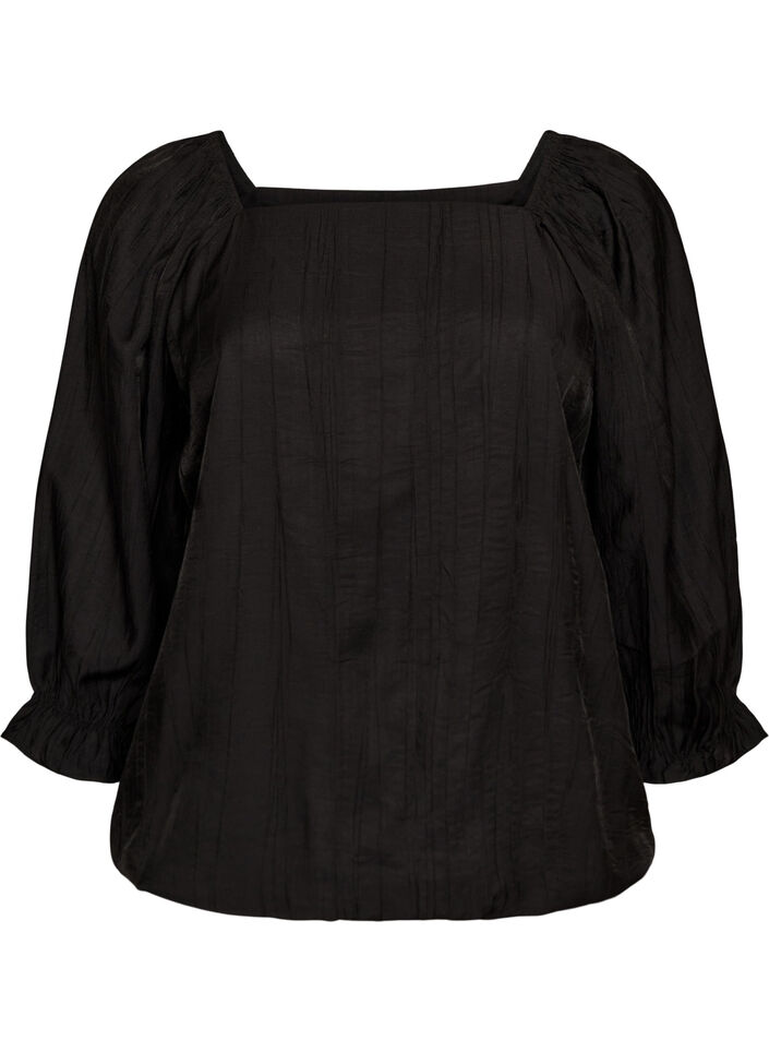 Blouse en viscose &agrave; col carr&eacute; et manches 3/4, Noir, Packshot image number 0